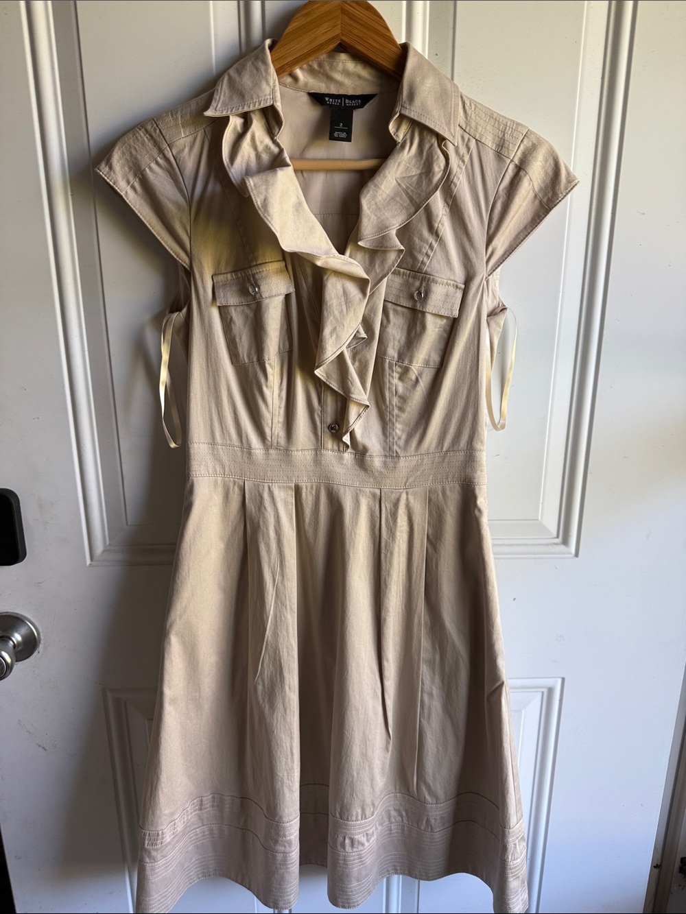 White House Black Market Beige Ruffle Front Cap Sleeve Dress